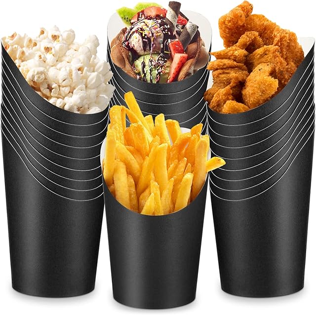 200 Pcs French Fry Cups 14 oz Charcuterie Black Paper French Fries Holders Cups Popcorn Box Waffle Cone Take out Party Baking for Wedding Sandwich Food