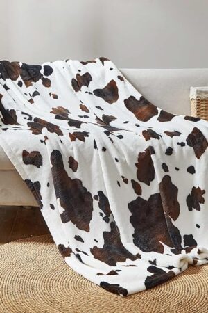 Cozy Bliss Cow Print Throw Blanket Non Shedding MilkyPlush™ Fleece 330GSM Thick Blankets Western Room Decor Super Soft Warm for Adults Kids Girl Gifts Bedroom Couch Sofa Travel Black Brown 50"x60"