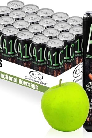 A1C Sugar-Free Apple Flavored Iced Tea – Zero Calorie Drink with Aloe & Cinnamon Extracts, No Sodium, No Caffeine, Zero Sugar Iced Tea, Made in the USA, Refreshing Canned Drink, 12 fl oz (24 Pack)