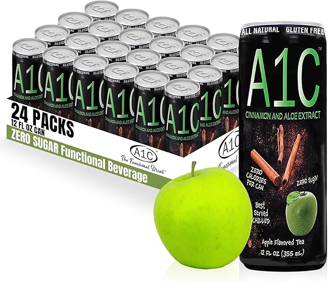 A1C Sugar-Free Apple Flavored Iced Tea – Zero Calorie Drink with Aloe & Cinnamon Extracts, No Sodium, No Caffeine, Zero Sugar Iced Tea, Made in the USA, Refreshing Canned Drink, 12 fl oz (24 Pack)