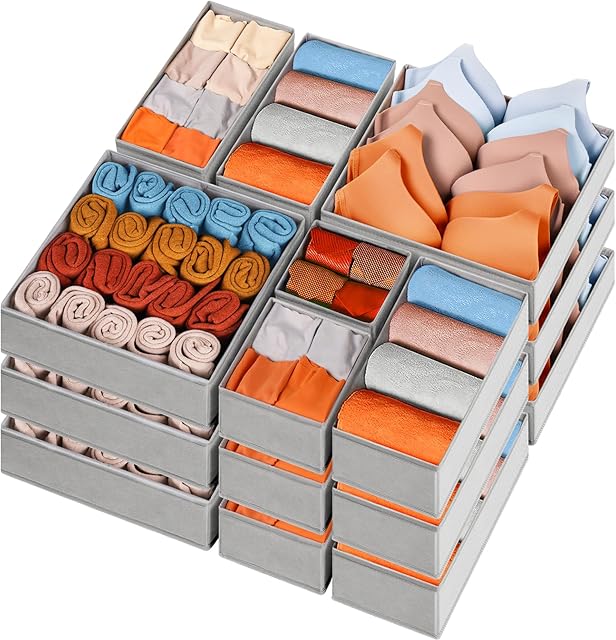 Criusia Drawer Organizers Fabric 15 Pack for Baby Clothes Adult Sock Underwear Bra Grey