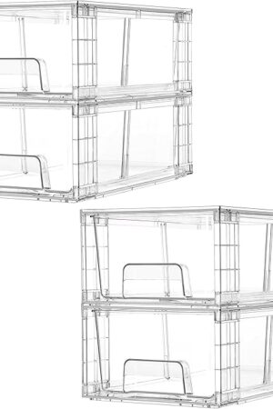 Vtopmart 4 Pack Stackable Storage Drawers,Clear Acrylic Drawer Organizers with Handles, Easily Assemble for Fridge, Bathroom,Kitchen Undersink,Cabinet,Pantry Organization and Storage