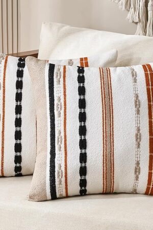 Boho Pillow Covers 18x18 Square Farmhouse Decorative Cushion Case Striped Square Cushion Cover Cozy Soft Neutral Throw Pillows Protector Modern Decorative for Couch Sofa Bed, Set of 2