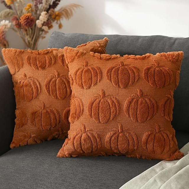 DUZXLCQ Fall Pillow Covers 18x18 inch Set of 2 Fall Decorations Pumpkin Plush Faux Fur Throw Pillow Covers Cushion Case for Autumn Harvest Farmhouse Home Decor for Couch Sofa Home Outdoor Rust Red