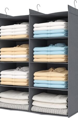 4 Tier Shelf Hanging Closet Organizer, Dual-Row 8 Pocket Cloth Hanging Shelf with 3 Sturdy Hooks for Storage, Foldable (Grey)
