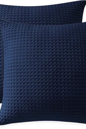 100% Egyptian Cotton 600 TC Waffle Weave Throw Pillow Covers 2 Pack, Ultra Soft Breathable Euro Pillow Shams Covers, Decorative Cushion Covers for Bed Couch Sofa Car, No Insert, Navy Blue, 26" x 26"