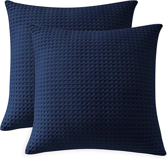 100% Egyptian Cotton 600 TC Waffle Weave Throw Pillow Covers 2 Pack, Ultra Soft Breathable Euro Pillow Shams Covers, Decorative Cushion Covers for Bed Couch Sofa Car, No Insert, Navy Blue, 26" x 26"