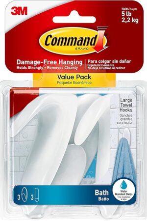 Command Bath Large Towel Hook Clear Frosted 3-Large Hooks