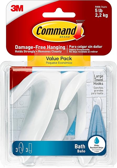Command Bath Large Towel Hook Clear Frosted 3-Large Hooks