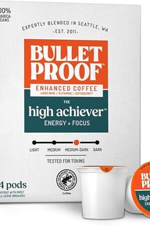 Bulletproof The High Achiever Single-Serve Pods, 24 Count, Medium-Dark Roast Enhanced Coffee with Lion's Mane Mushroom, B Vitamins, and Adaptogens for Energy and Focus