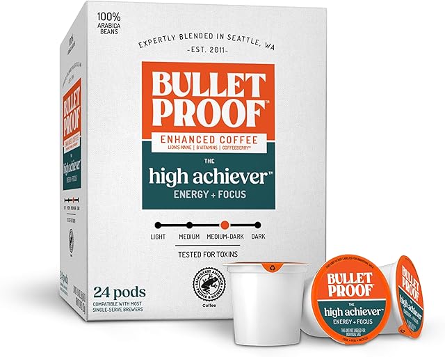 Bulletproof The High Achiever Single-Serve Pods, 24 Count, Medium-Dark Roast Enhanced Coffee with Lion's Mane Mushroom, B Vitamins, and Adaptogens for Energy and Focus