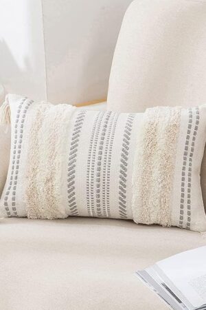 decorUhome Decorative Boho Throw Pillow Cover 12x20, Lumbar Accent Neutral Textured Tufted Pillow Cover Striped for Couch Bed Sofa, Beige and Cream White, Pack of 1