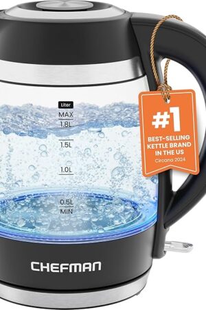Chefman Electric Kettle, 1.8L 1500W, Hot Water Boiler, Removable Lid for Easy Cleaning, Auto Shut Off, Boil-Dry Protection, Stainless Steel Filter, BPA Free, Borosilicate Glass Electric Tea Kettle