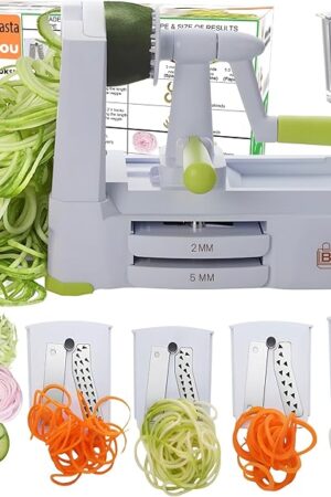 Brieftons 5-Blade Vegetable Spiralizer: Strongest-Heaviest Spiral Slicer, Best Veggie Pasta Spaghetti Maker for Low Carb/Paleo/Gluten-Free/Vegan Meals, With Extra Blade Caddy, 4 Recipe Ebooks