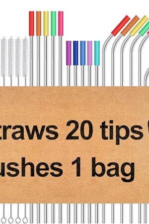 20 Pack Reusable Stainless Steel Metal Straws,10.5" & 8.5" Reusable Drinking Straws with 20 Silicone Tips 5 Straw Brushes 1 Travel Case,Eco Friendly Extra Long Metal Straw Fit for 20 24 30 oz Tumbler