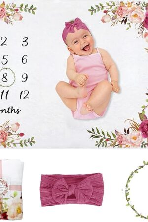 Baby Monthly Milestone Blanket Girl, Milestone Blanket for Baby Girl, Track Growth and Age, Newborn Shower Gifts for Mom, Includes Floral Wreath & Pink Bow Headband, 60" X 40"