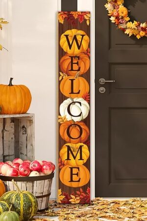 47" Fall Wooden Porch Sign Vertical Fall Welcome Standing Signs Pumpkin Leaves Standing Welcome Porch Sign for Outdoor Autumn Thanksgiving Harvest Home Garden Yard Farmhouse Front Door Decor