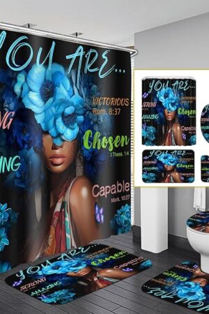 Black African Flower Woman Shower Curtain Set, Blue Art Words Bathroom Set with Shower Curtain and Rugs, Toilet Lid Cover, Bath Mat,Waterproof Fabric Shower Curtains and Hooks for Bathroom