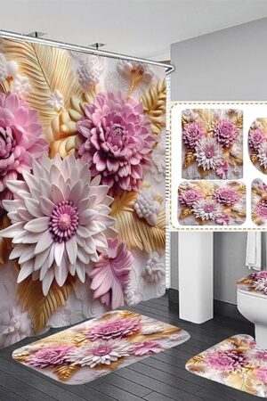 Chrainy 4Pcs 3D Floral Shower Curtain Sets Elegant Pink and White Blossom Flowers Bathroom Accessories Set Modern Minimalism Waterproof Spring Bathroom Decor with Rugs and 12 Hooks