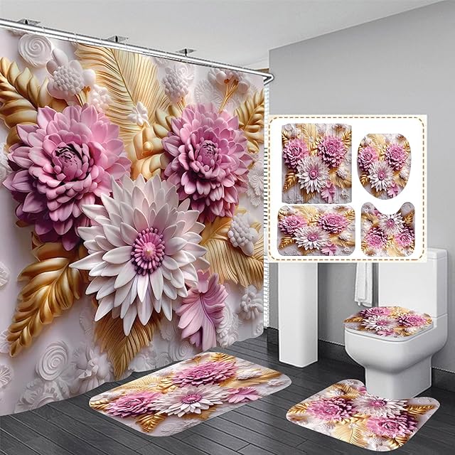 Chrainy 4Pcs 3D Floral Shower Curtain Sets Elegant Pink and White Blossom Flowers Bathroom Accessories Set Modern Minimalism Waterproof Spring Bathroom Decor with Rugs and 12 Hooks