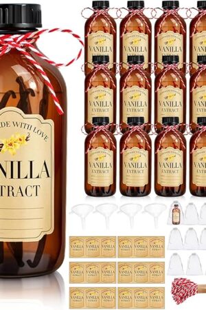 16Pcs 8 oz Amber Glass Bottle Boston Round Bottles for Vanilla Extract Homemade,Brown Vanilla Extract Bottles with Caps for Syrup Gift Glass Food Storage Canister and Sauce Beans