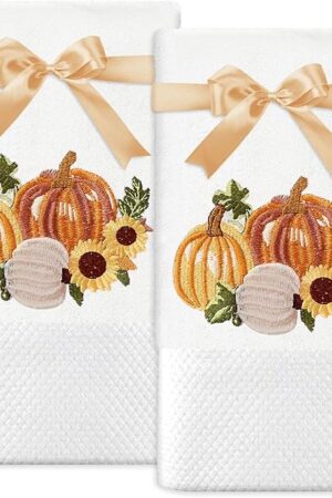 2Pcs Fall Hand Towels Pumpkin Sunflower Embroidered Cotton Bathroom Towels Autumn Dish Towels with Ribbons for Thanksgiving Drying Cleaning Cooking Gift, 30 x 14 Inch