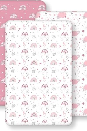 Baby Bedside Bassinet Sheets Fitted Girl, 33?x20? Compatible with Baby Delight Dream On Me & Most Rectangle Bedside Sleeper Bassinet Mattresses, Super Soft Microfiber Pink Rainbow