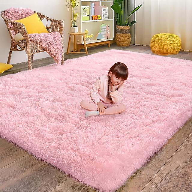 Fluffy Pink Area Rug for Bedroom Girls, 5x7 Soft Fuzzy Plush Shag Rug for Living Room, Cute Comfy Throw Rug for Kids, Non-Slip Indoor Shaggy Floor Carpet for Nursery Teen Dorms Home Decor Aesthetic