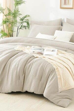 CozyLux Queen Comforter Set - 7 Pieces Seersucker Bed in a Bag, Soft Lightweight Boho Bedding Set with All Season Comforters Queen Size, Sheets, Pillowcases & Shams, Beige Queen