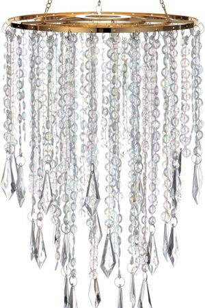Acrylic Chandelier Ceiling Light Shade Beaded Hanging Pendant Lampshade with Gold Frame for Bedroom for Wedding Party H12.9" X W8.7" 3 Tiers