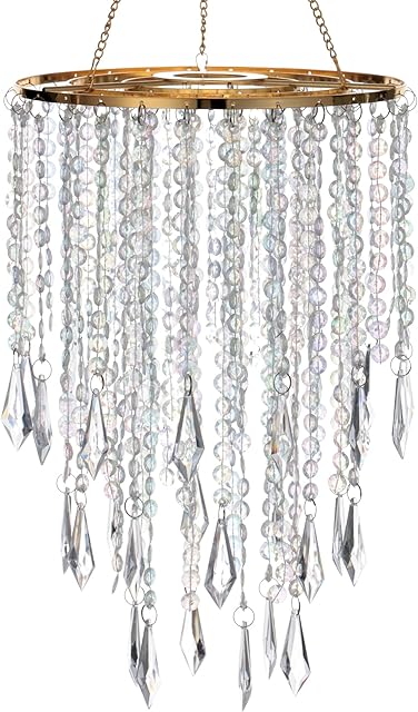 Acrylic Chandelier Ceiling Light Shade Beaded Hanging Pendant Lampshade with Gold Frame for Bedroom for Wedding Party H12.9" X W8.7" 3 Tiers