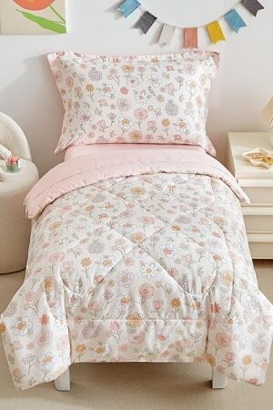 DuShow Floral 4 Piece Girls Toddler Bed Comforter Set Pink Flower Reversible Toddler Bedding Set Soft Baby Crib Bed Sheets Set in a Bag | Include Quilt Comforter,Flat Sheet,Fitted Sheet,Pillowcase