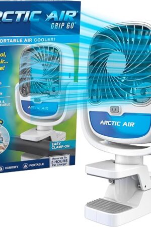 Arctic Air Grip Go Evaporative Cooler, Cordless & Portable Fan with 3 Speeds, Universal Clamp 360 Degrees Head Swivel, USB Charging, 5-Hour Battery, Personal for Home, Office, Car More, White