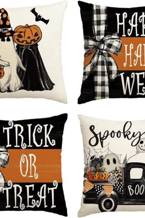 AVOIN colorlife Happy Halloween Ghost Bat Throw Pillow Covers, 18 x 18 Inch Trick or Treat Stripe Truck Pumpkin Spooky Cushion Case Decoration for Sofa Couch Set of 4