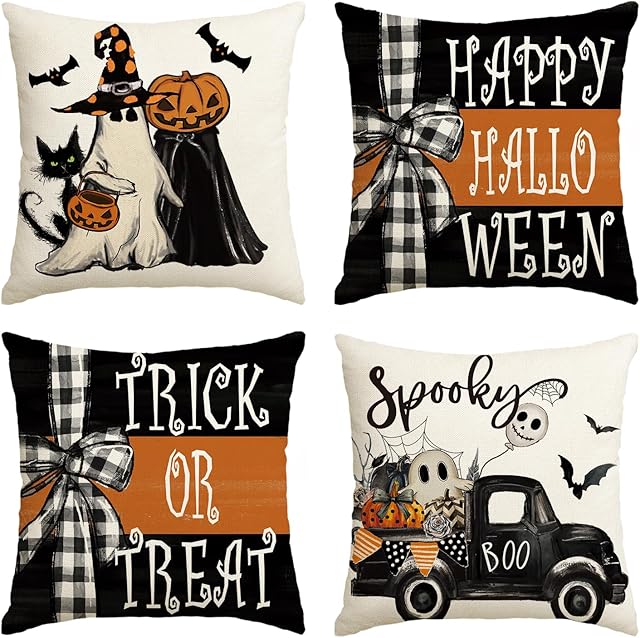 AVOIN colorlife Happy Halloween Ghost Bat Throw Pillow Covers, 18 x 18 Inch Trick or Treat Stripe Truck Pumpkin Spooky Cushion Case Decoration for Sofa Couch Set of 4