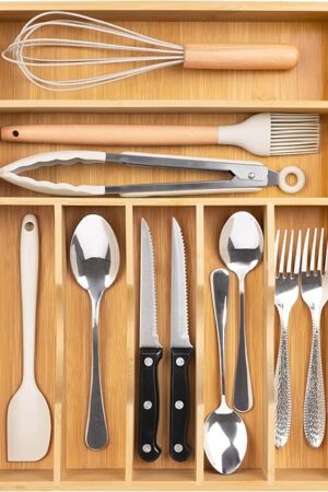 Bellsal Natural Utensil Organizer 12.5 Inch Silverware Organizer for Drawer Utensil Holder Cutlery Organizer Kitchen Drawer Organizer 7 Compartment Small Narrow Bamboo