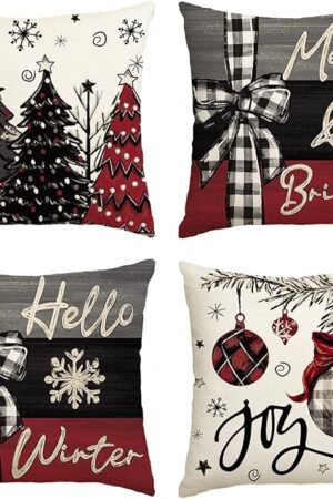 AVOIN colorlife Merry Christmas Joy Xmas Trees Red Throw Pillow Covers, 18 x 18 Inch Christmas Winter Holiday Cushion Case Decoration for Sofa Couch Set of 4