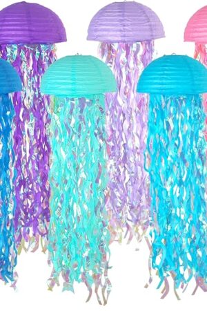 6 Packs Jellyfish Paper Lanterns Hanging Mermaid Wishes Lantern Ocean Theme Party Supplies Great for Kids Birthday Decors, Baby Shower Baby Room (Half Round Pink Blue Purple)