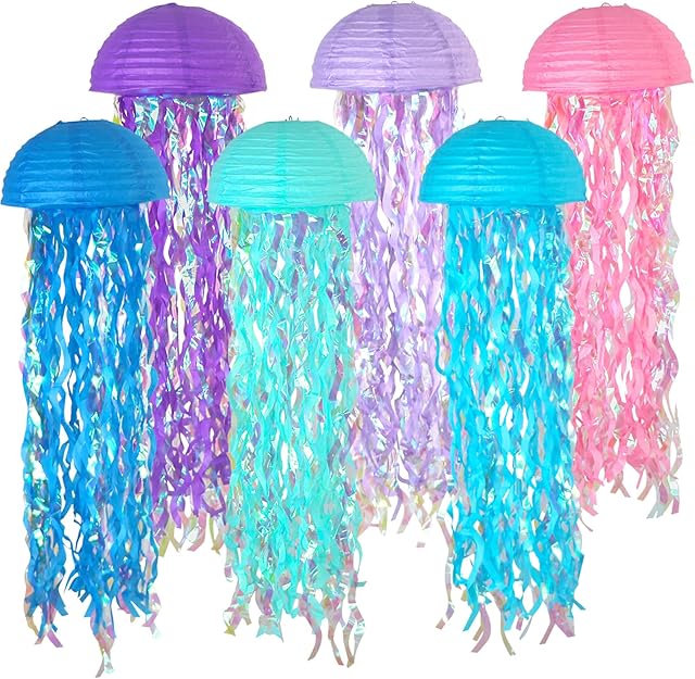 6 Packs Jellyfish Paper Lanterns Hanging Mermaid Wishes Lantern Ocean Theme Party Supplies Great for Kids Birthday Decors, Baby Shower Baby Room (Half Round Pink Blue Purple)