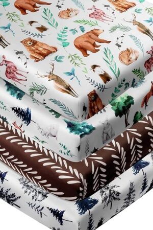 4 Pack Woodland Forest Animals Wood Neutral Unisex Fitted Baby Crib Sheets Set for Baby Boys or Girls