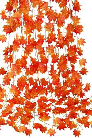 CQURE 12 Pack Fall Leaf Garland, Hanging Vines Garland Artificial Fall Maple Leaves Thanksgiving Decor for Home Wedding Fireplace Party