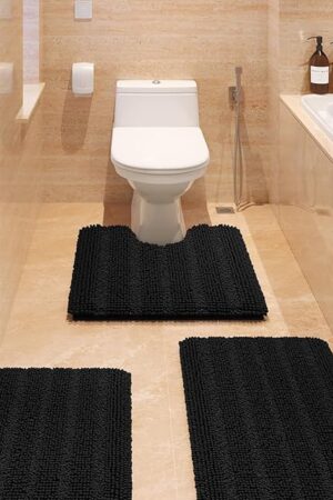 ACCUMTEK Striped Black Bathroom Rug Set 3 Pieces Ultra Soft, Non Slip Chenille Toilet Mat, Absorbent Plush Shaggy Bath Mats for Bathroom, Bedroom, Kitchen