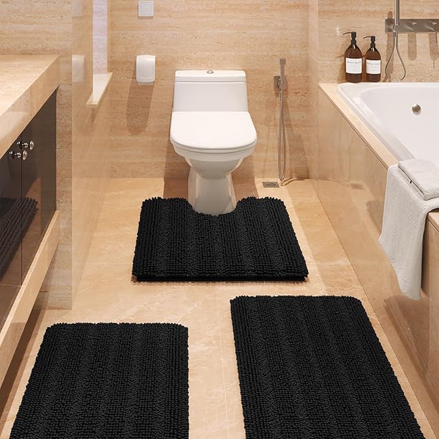 ACCUMTEK Striped Black Bathroom Rug Set 3 Pieces Ultra Soft, Non Slip Chenille Toilet Mat, Absorbent Plush Shaggy Bath Mats for Bathroom, Bedroom, Kitchen