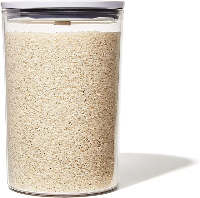 OXO Good Grips Round POP Container – Large (5.2 Qt) for flour, sugar, cereal and more | Airtight Food Storage | BPA Free | Dishwasher Safe | Clear Body,White