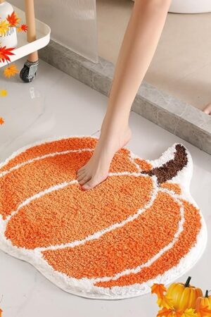 Cute Bath Mat, Pumpkin Bath Mat Halloween Bathroom Decor Mat, Extra Soft Fluffy Absorbent Non-slip Bathtub Mat, Machine Washable Funny Pumpkin Shape Bath Rug for Shower Bedroom Door 24x24IN (Orange)