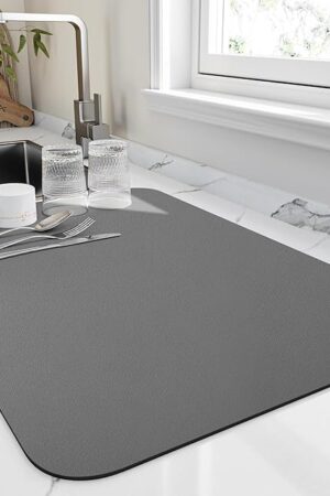 Dish Drying Mat for Kitchen Counter, Heat Resistant Drainer Mats with Non-slip Rubber Backed, Hide Stain Kitchen Super Absorbent Draining Mat, Easy to Clean Dish Rack Pad, Dark Grey 16"x18"