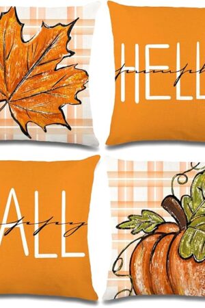 YUJUN 4 Pack Fall Pillow Covers Decoration,18x18in Buffalo Plaid Farmhouse Pumpkin Maple Leaves Thanksgiving Fall Throw Pillows Cushion Case Couch Decor for Autumn Home Outdoor Decorations