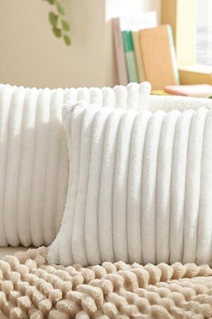 Bedsure White Throw Pillow Covers 18x18 Set of 2, Soft Decorative Fluffy Striped Sofa Pillow Covers, Home Decor for Living Room Couch Bed