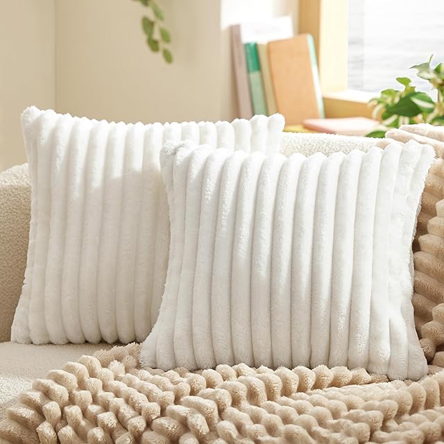 Bedsure White Throw Pillow Covers 18x18 Set of 2, Soft Decorative Fluffy Striped Sofa Pillow Covers, Home Decor for Living Room Couch Bed