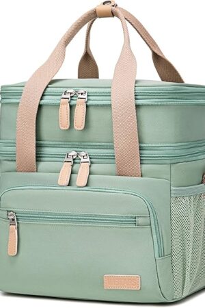 Weitars Insulated Lunch Box for Women Men-Dual Compartment Waterproof Reusable Large Lunch Bag for Women Wide-Open Tote Cooler Bag For Working Picnic Hiking (15L) (Green)